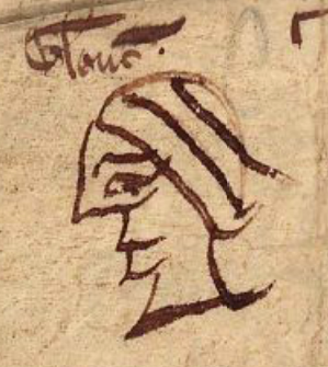 Drawing of Mirabel of Gloucester in the margin of Fine Roll for 2 Henry III
              (1218). 
                        7
                        
                     
                     
                  